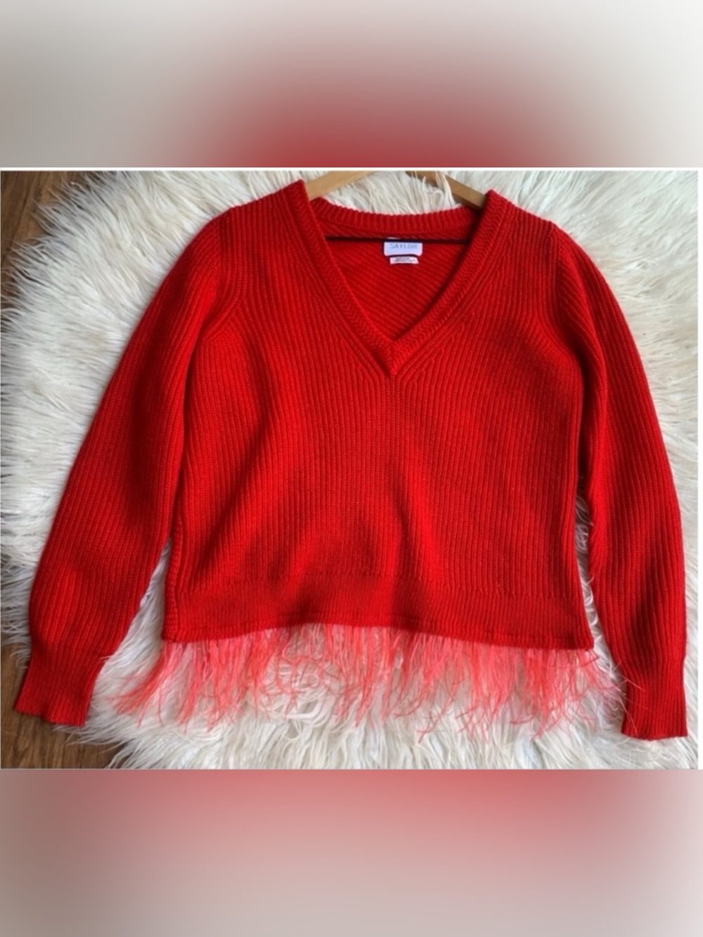 Saylor Juneau Feather Trim V Neck Sweater Red Size XS